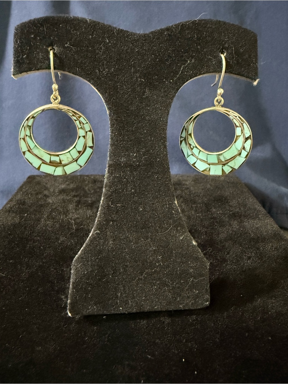 VTG Turquoise Mosaic Hoop Drop Earrings - Women Jewelry